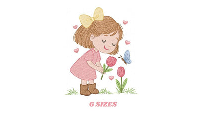 Baby girl embroidery designs - Girl with flowers and butterflies machine embroidery pattern - Princess embroidery - Instant digital download