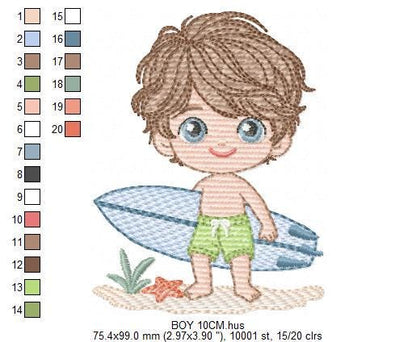 Surfer boy embroidery designs - Beach Swimmer with surferboard machine embroidery pattern - Baby Boy file - Instant digital download pes jef