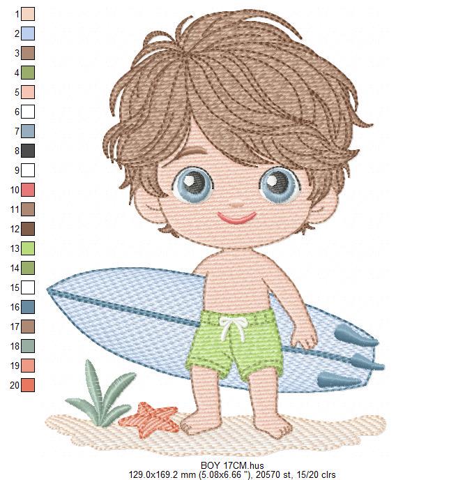 Surfer boy embroidery designs - Beach Swimmer with surferboard machine embroidery pattern - Baby Boy file - Instant digital download pes jef