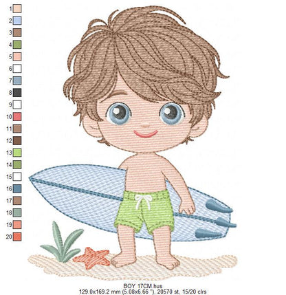 Surfer boy embroidery designs - Beach Swimmer with surferboard machine embroidery pattern - Baby Boy file - Instant digital download pes jef