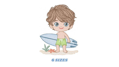 Surfer boy embroidery designs - Beach Swimmer with surferboard machine embroidery pattern - Baby Boy file - Instant digital download pes jef