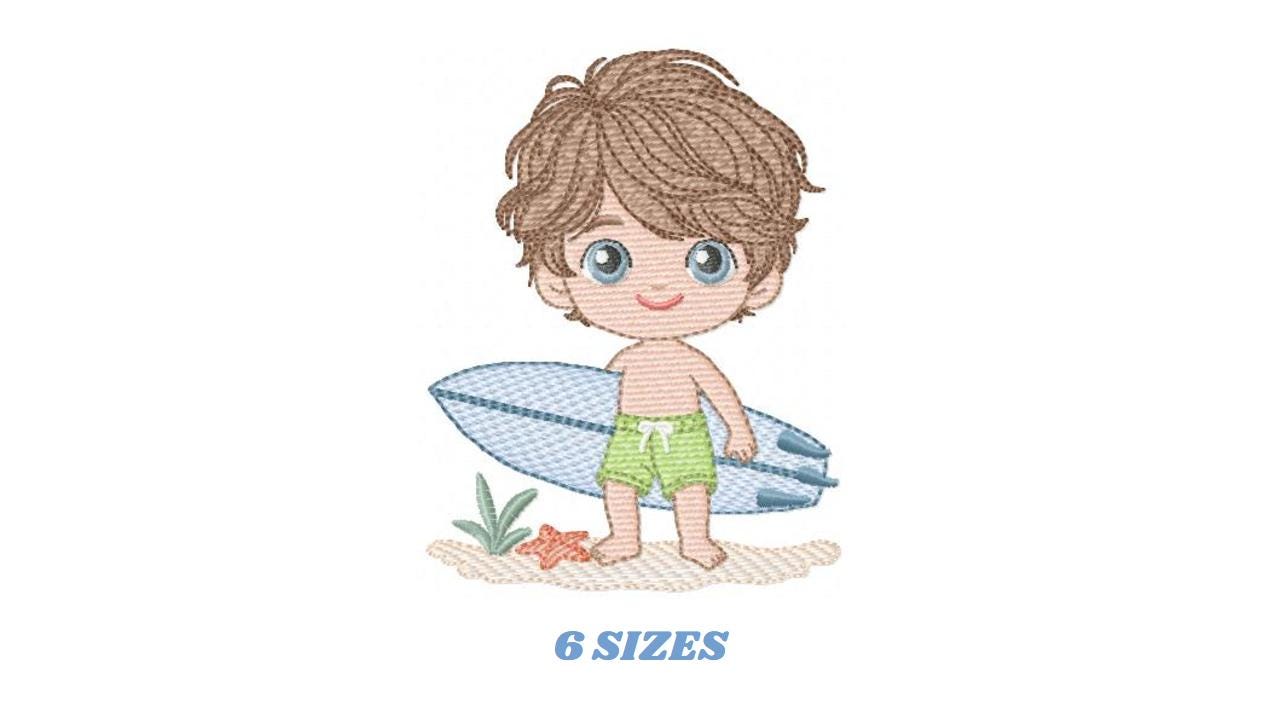 Surfer boy embroidery designs - Beach Swimmer with surferboard machine embroidery pattern - Baby Boy file - Instant digital download pes jef