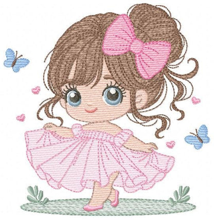 Baby girl with pink dress embroidery designs - Princess with long hair and lace machine embroidery pattern - Instant digital download pes