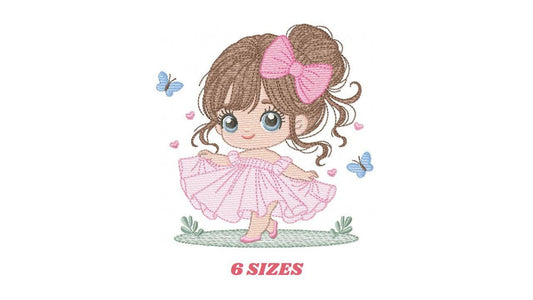 Baby girl with pink dress embroidery designs - Princess with long hair and lace machine embroidery pattern - Instant digital download pes