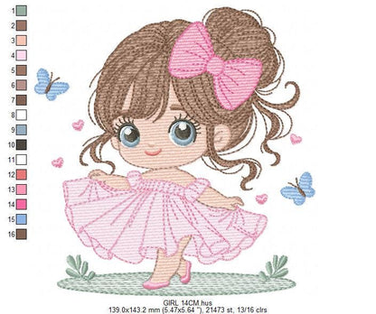 Baby girl with pink dress embroidery designs - Princess with long hair and lace machine embroidery pattern - Instant digital download pes
