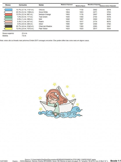 Girl with paper Boat embroidery designs - Fairy Girl long hair machine embroidery pattern - Ocean with waves file - Instant download pes jef