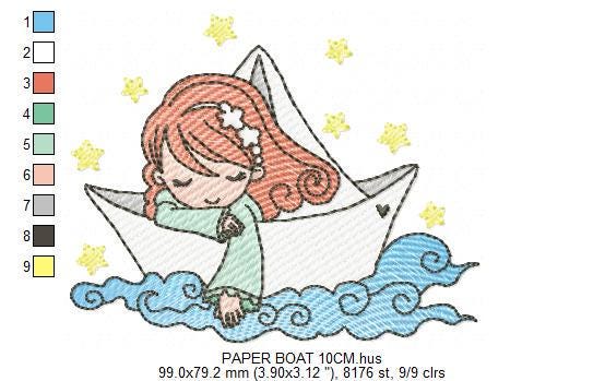 Girl with paper Boat embroidery designs - Fairy Girl long hair machine embroidery pattern - Ocean with waves file - Instant download pes jef