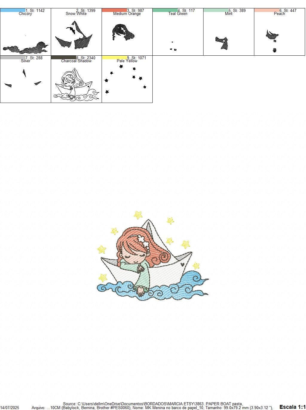 Girl with paper Boat embroidery designs - Fairy Girl long hair machine embroidery pattern - Ocean with waves file - Instant download pes jef
