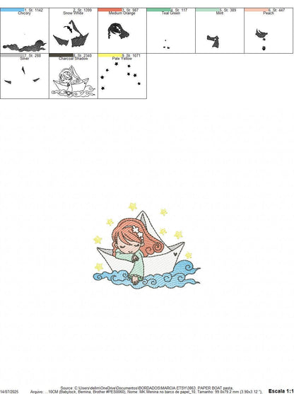 Girl with paper Boat embroidery designs - Fairy Girl long hair machine embroidery pattern - Ocean with waves file - Instant download pes jef