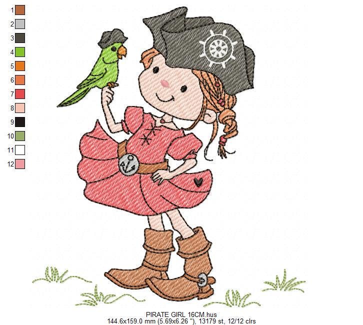Pirate girl embroidery designs - Buccaneer machine embroidery pattern - Nautical Baby girl file - Instant digital download pes jef dst hus