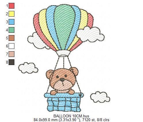 Bear with hot air balloon embroidery designs - Colorful Balloon with clouds machine embroidery pattern - Instant digital download pes jef