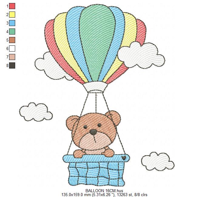 Bear with hot air balloon embroidery designs - Colorful Balloon with clouds machine embroidery pattern - Instant digital download pes jef