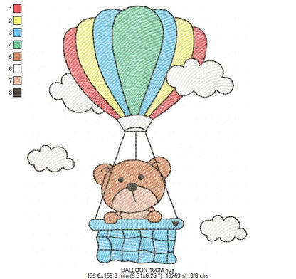 Bear with hot air balloon embroidery designs - Colorful Balloon with clouds machine embroidery pattern - Instant digital download pes jef