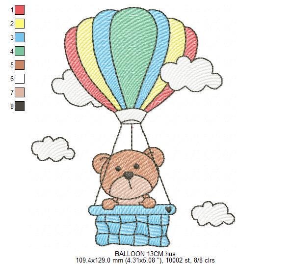 Bear with hot air balloon embroidery designs - Colorful Balloon with clouds machine embroidery pattern - Instant digital download pes jef