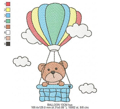 Bear with hot air balloon embroidery designs - Colorful Balloon with clouds machine embroidery pattern - Instant digital download pes jef
