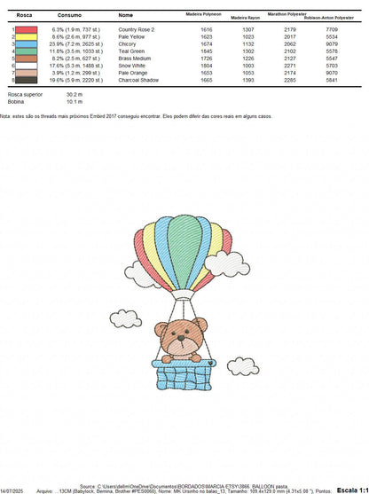 Bear with hot air balloon embroidery designs - Colorful Balloon with clouds machine embroidery pattern - Instant digital download pes jef