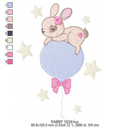 Female Bunny embroidery design - Rabbit with lace and balloon machine embroidery pattern - Baby girl file - Instant digital download pes jef