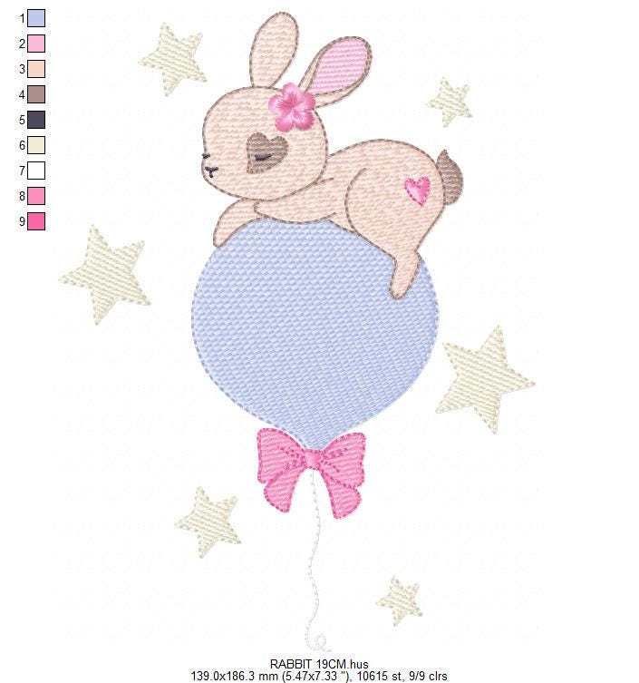 Female Bunny embroidery design - Rabbit with lace and balloon machine embroidery pattern - Baby girl file - Instant digital download pes jef