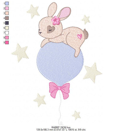 Female Bunny embroidery design - Rabbit with lace and balloon machine embroidery pattern - Baby girl file - Instant digital download pes jef