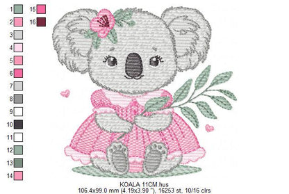 Koala embroidery design - Baby girl bear with dress machine embroidery pattern - Wild animal Australia file - Instant digital download pes