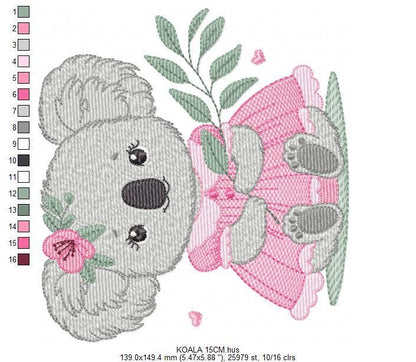 Koala embroidery design - Baby girl bear with dress machine embroidery pattern - Wild animal Australia file - Instant digital download pes