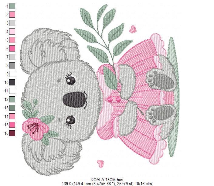 Koala embroidery design - Baby girl bear with dress machine embroidery pattern - Wild animal Australia file - Instant digital download pes