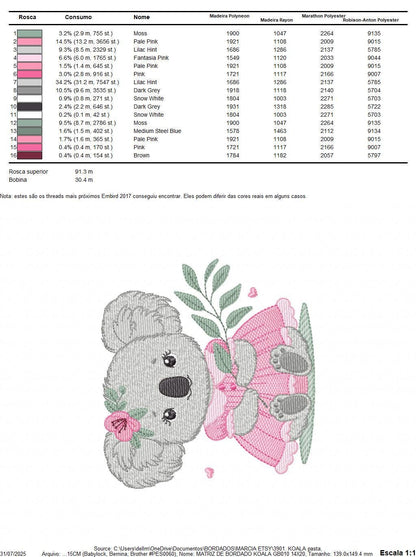 Koala embroidery design - Baby girl bear with dress machine embroidery pattern - Wild animal Australia file - Instant digital download pes