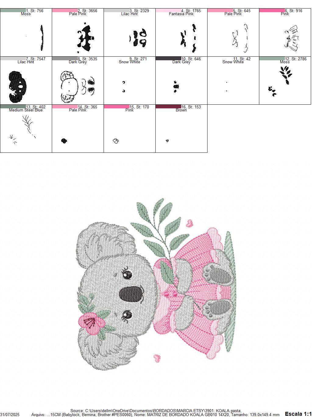 Koala embroidery design - Baby girl bear with dress machine embroidery pattern - Wild animal Australia file - Instant digital download pes
