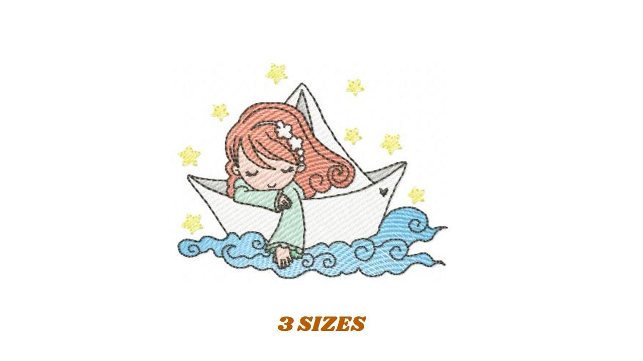 Girl with paper Boat embroidery designs - Fairy Girl long hair machine embroidery pattern - Ocean with waves file - Instant download pes jef