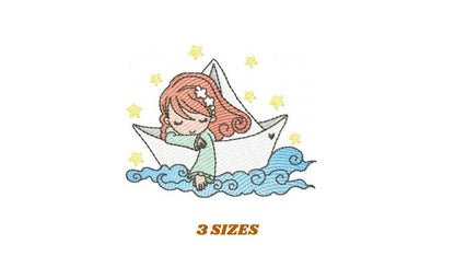 Girl with paper Boat embroidery designs - Fairy Girl long hair machine embroidery pattern - Ocean with waves file - Instant download pes jef