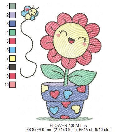 Flower with happy face embroidery designs - Flowerpot machine embroidery pattern - Floral Grandma Kitchen Towel - Instant download pes jef