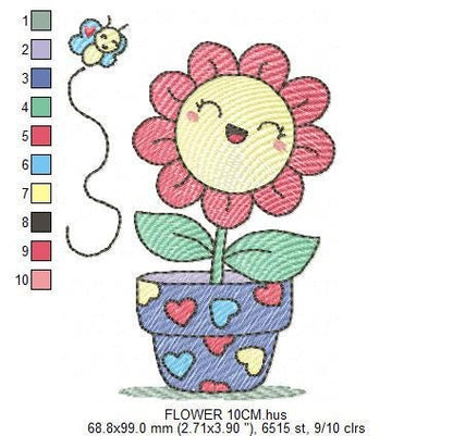 Flower with happy face embroidery designs - Flowerpot machine embroidery pattern - Floral Grandma Kitchen Towel - Instant download pes jef
