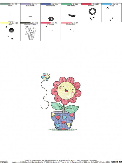Flower with happy face embroidery designs - Flowerpot machine embroidery pattern - Floral Grandma Kitchen Towel - Instant download pes jef