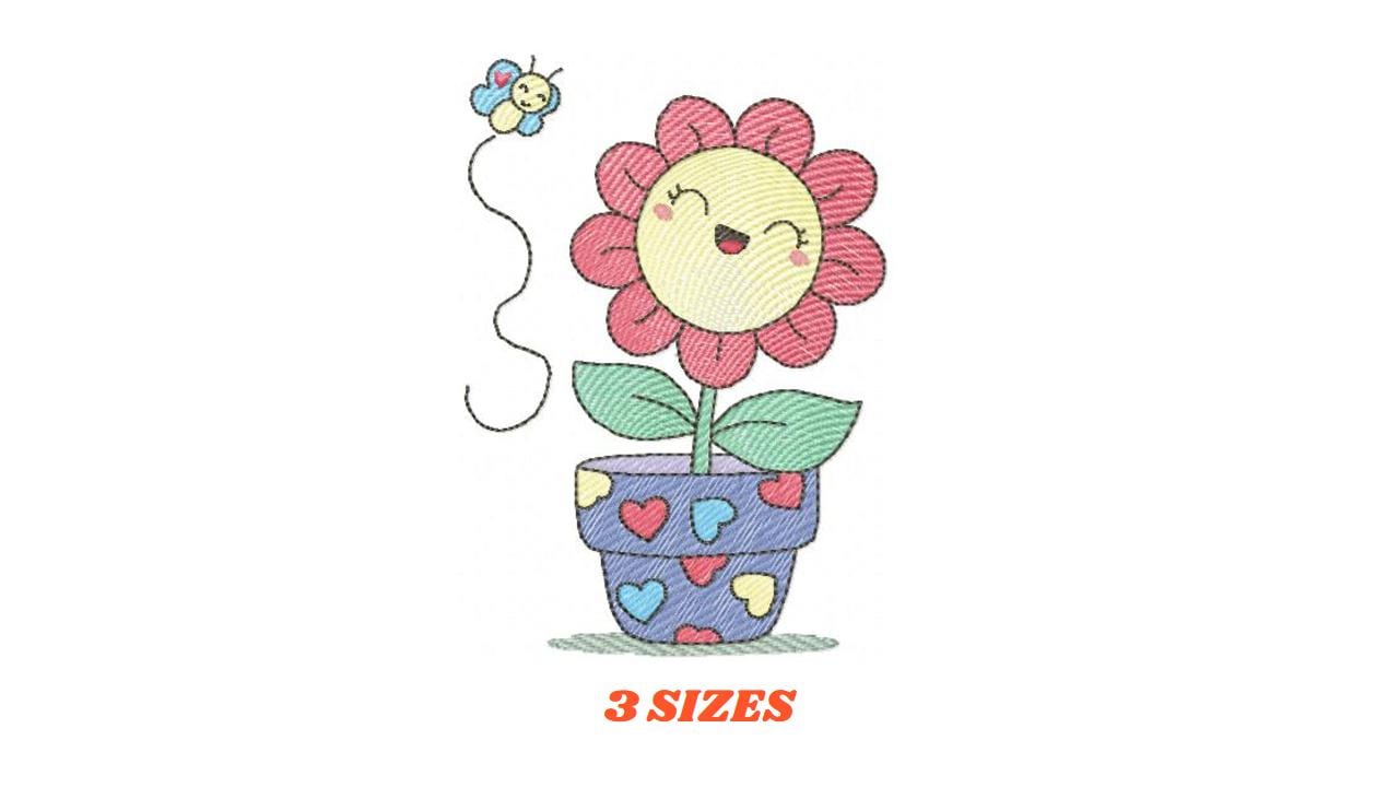 Flower with happy face embroidery designs - Flowerpot machine embroidery pattern - Floral Grandma Kitchen Towel - Instant download pes jef