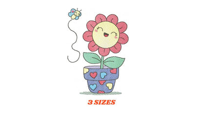 Flower with happy face embroidery designs - Flowerpot machine embroidery pattern - Floral Grandma Kitchen Towel - Instant download pes jef