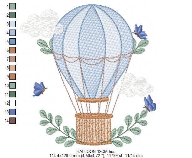 Balloon embroidery designs - Hot air balloon with butterflies machine embroidery pattern - Sky clouds baby boy file - Instant download pes