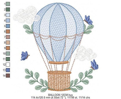 Balloon embroidery designs - Hot air balloon with butterflies machine embroidery pattern - Sky clouds baby boy file - Instant download pes