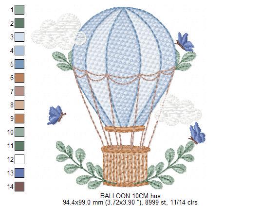 Balloon embroidery designs - Hot air balloon with butterflies machine embroidery pattern - Sky clouds baby boy file - Instant download pes