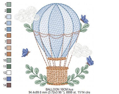 Balloon embroidery designs - Hot air balloon with butterflies machine embroidery pattern - Sky clouds baby boy file - Instant download pes