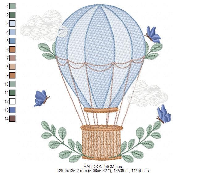 Balloon embroidery designs - Hot air balloon with butterflies machine embroidery pattern - Sky clouds baby boy file - Instant download pes