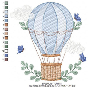 Balloon embroidery designs - Hot air balloon with butterflies machine embroidery pattern - Sky clouds baby boy file - Instant download pes