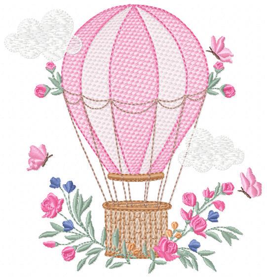 Balloon embroidery designs - Hot air balloon with butterflies machine embroidery pattern - Sky clouds baby girl file - Instant download pes