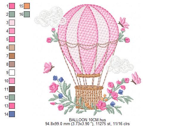 Balloon embroidery designs - Hot air balloon with butterflies machine embroidery pattern - Sky clouds baby girl file - Instant download pes
