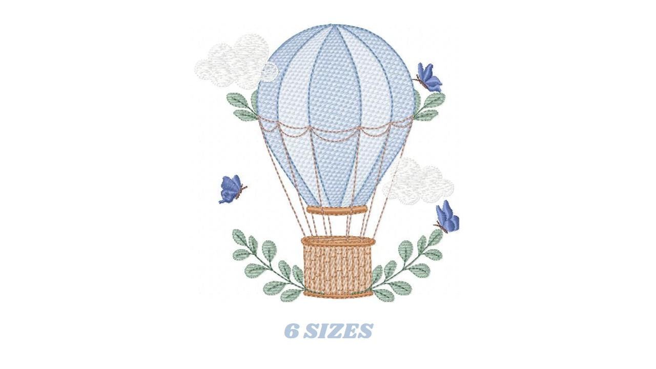 Balloon embroidery designs - Hot air balloon with butterflies machine embroidery pattern - Sky clouds baby boy file - Instant download pes