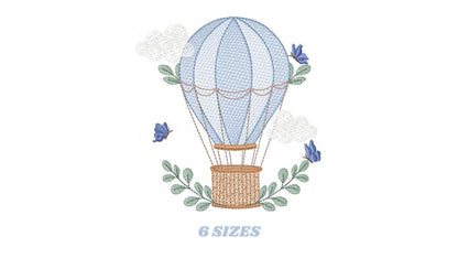 Balloon embroidery designs - Hot air balloon with butterflies machine embroidery pattern - Sky clouds baby boy file - Instant download pes