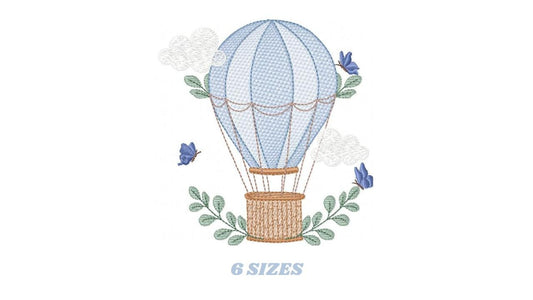 Balloon embroidery designs - Hot air balloon with butterflies machine embroidery pattern - Sky clouds baby boy file - Instant download pes