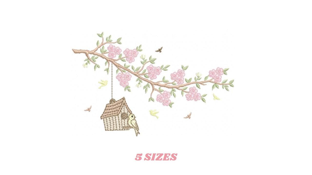 Birdhouse embroidery designs - Cherry Blossom tree machine embroidery pattern - Baby girl file - Birds with tree - Instant download pes jef