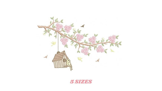 Birdhouse embroidery designs - Cherry Blossom tree machine embroidery pattern - Baby girl file - Birds with tree - Instant download pes jef