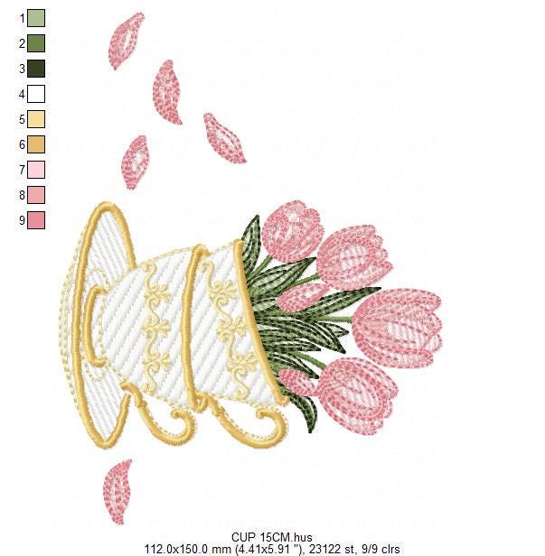 Coffee Cup with flower embroidery designs - Floral Kitchen Towel motiv machine embroidery pattern - Instant digital download pes dst jef hus