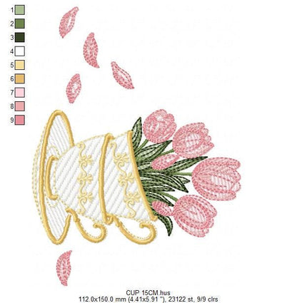 Coffee Cup with flower embroidery designs - Floral Kitchen Towel motiv machine embroidery pattern - Instant digital download pes dst jef hus